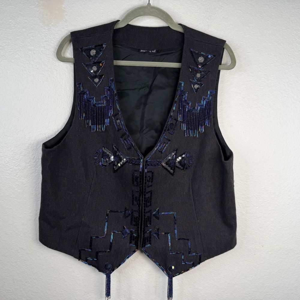 Vintage Sharmark Las Vegas Denim Vest Black Sz L Beaded Southwestern Unique